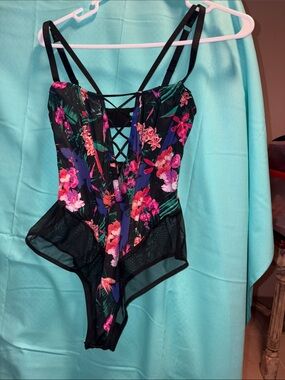 Victoria's Secret Black Floral Lace-Up Corset Teddy with Pink & Purple Flowers